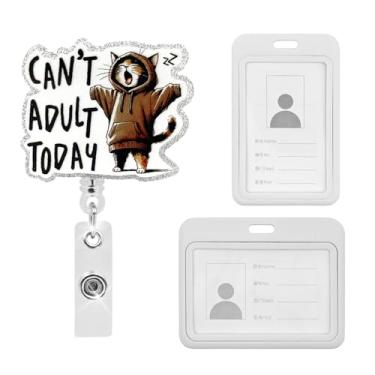 Imagem de Lianxuia Carretel de crachá engraçado de gato preto com 2 porta-crachás transparentes para identidade, clipe retrátil Can't Adult Today, carretéis de crachá de gato adormecido, acessórios para