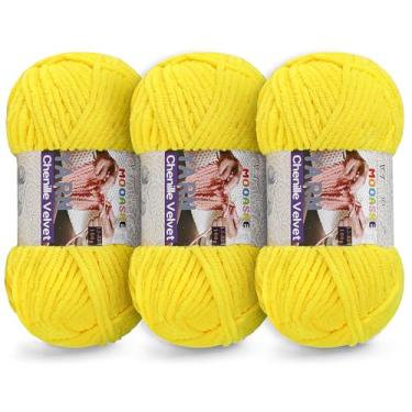 Imagem de 3 fios grossos de 100 g para crochê e tricô – Fio super volumoso de chenille de pelúcia fácil de usar 393 m - Fio de veludo ultramacio para bebês para iniciantes e projetos amigurumi, amarelo dourado