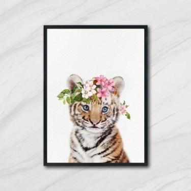 Imagem de Quadro Tigrinho Coroa De Flores 45X34Cm Com Vidro Preta