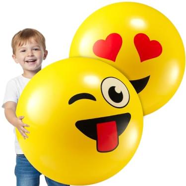 Imagem de Bolas de playground de rosto feliz de 45,7 cm para crianças e crianças (pacote com 2) - Bolas amarelas jumbo com desenhos sorridentes divertidos - Bolas infláveis leves para meninos e meninas de 3 a 5