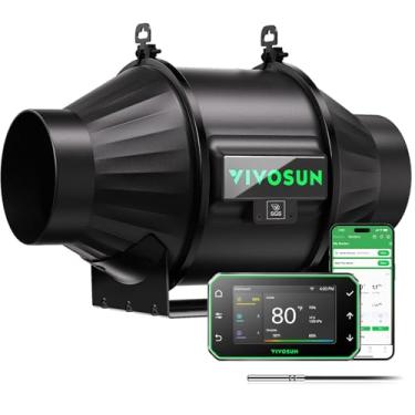 Imagem de VIVOSUN Ventilador de duto em linha T4 de 10 cm e controlador de umidade de temperatura, controle de aplicativo WiFi E42A+ Ventilador de barraca de cultivo AeroZesh e termostato inteligente, exaustor