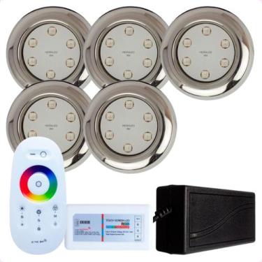 Imagem de Kit 5 Refletores Led 9w RGB Inox S Para Iluminação Piscina e Comando -