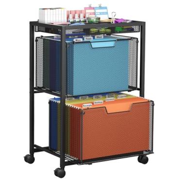 Imagem de Arquivo com rodinhas e carrinho legal com 2 gavetas de armazenamento, armário de arquivo sob a mesa com divisor DIY, organizador de pastas de arquivos suspensos sobre rodas, serve para tamanho A4
