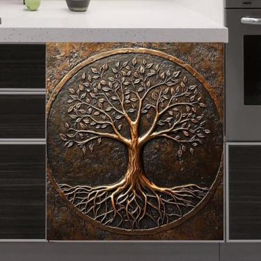 Imagem de Decoração de capa de ímã de máquina de lavar louça, árvore da vida em relevo de bronze, escultura 3D, árvore da vida, ímãs de geladeira, painel de geladeira, painel magnético de vinil - (58,4 cm x 66