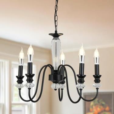Imagem de Lustre preto, lustre de vela de fazenda com 5 luzes para sala de estar, lustres pendentes industriais rústicos para sala de jantar, luminária suspensa de cristal vintage para hall de entrada de