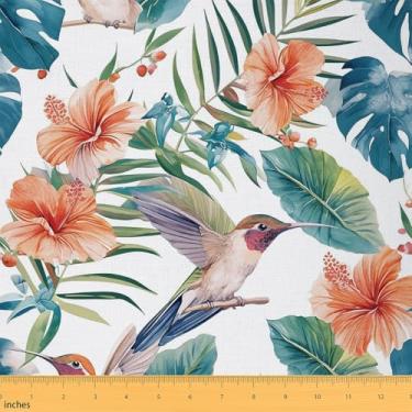 Imagem de Lindo tecido de beija-flor por jarda, tecido de estofamento de flores de pássaros tropicais, pano decorativo country para estofamento, artesanato laranja azul-petróleo e suprimentos de costura, tecido