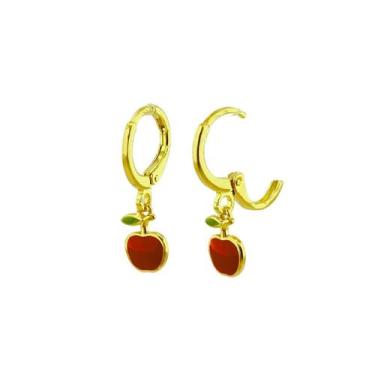 Imagem de Brinco Argolinha Maçã com Resina Folheado a Ouro para Bebês e Crianças