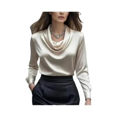 Imagem de Blusa Feminina Elegante De Seda Cetim Manga Longa Slim Fit Para Escrit