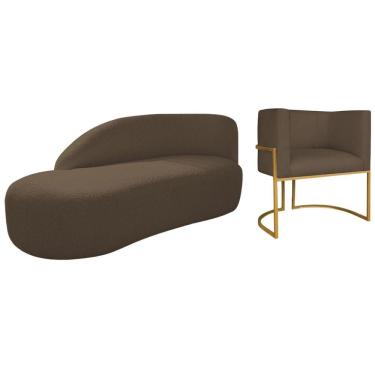Imagem de Kit Divã Luna 185cm Lado Esquerdo E 01 Poltrona Base De Ferro Dourado Suede Marrom