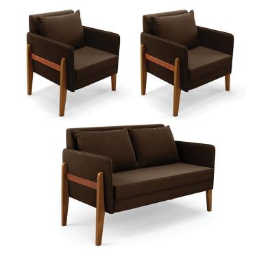 Imagem de Kit 1 Sofá Namoradeira E 2 Poltronas Lana Suede Base De Madeira - D'rossi Cor Marrom