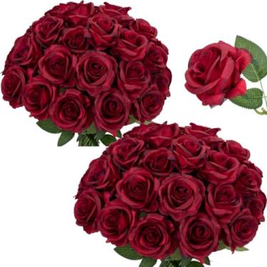 Imagem de Laelfe 50 peças de flores artificiais, rosas de seda, haste longa falsa, rosas artificiais a granel para decoração de casa, casamento, banheiro, cozinha (vinho gradiente)