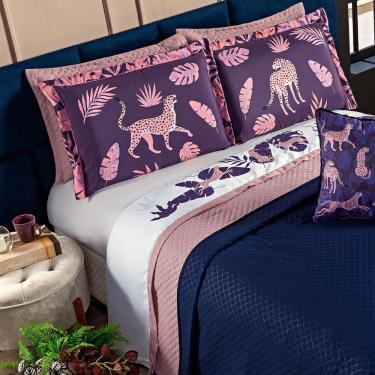 Imagem de Jogo De Cama Lençol Casal Padrão Onça Branco/rosê Com Fronhas Estampadas 04 Peças - Percal 200 Fios