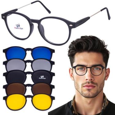 Imagem de Armação De Óculos Redondo Clip On Solar E Noturno Para Grau Cor Preto 