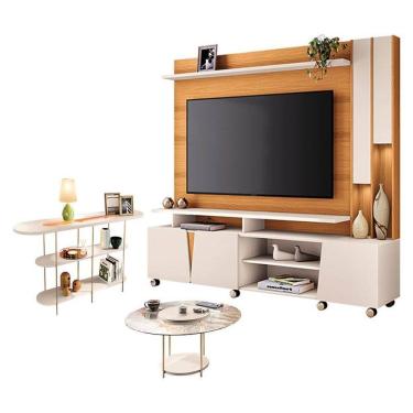 Imagem de Estante Home Theater Virtus e Mesa de Centro Sky com tampo de vidro e Aparador Infinity Cinamomo Off White - HB Móveis