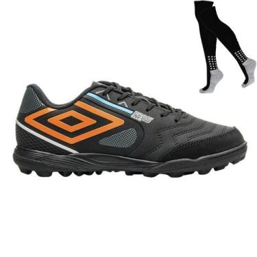 Imagem de Kit Chuteira Society Umbro Pro 5 Bump Club e Meião, 44, Preto, Laranja