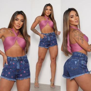 Imagem de Short Feminino Mom Jeans Premium Estiloso Fashion Bordado - carol moda
