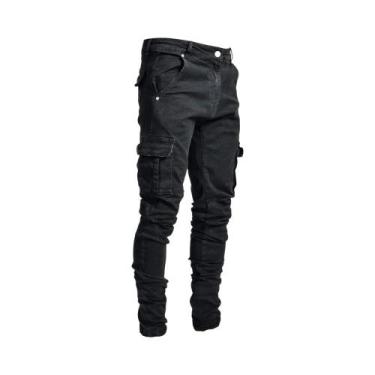 Imagem de Calça Cargo Jeans Masculina Slim Fit - Cintura Média, Vários Bolsos e 