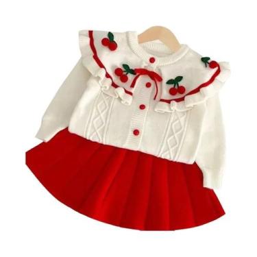 Imagem de Conjunto De Saia Tricotada Com Estampa De Cereja Para Meninas, Roupa D