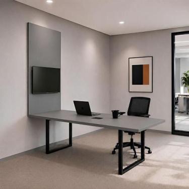 Imagem de Mesa Reunião Industrial 200cm com Caixa de Tomadas e Painel TV F5 Offi