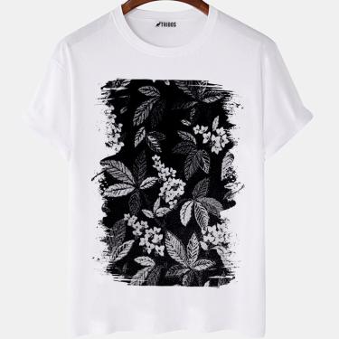 Imagem de Camiseta masculina Flores Preto e Branco Floral Arte Camisa Blusa Branca Estampada