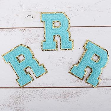 Imagem de Pacote com 3 adesivos de Chenille Iron On Glitter Varsity Letter "R" - Tecido de chenille azul com acabamento dourado - Costurar ou passar a ferro - 8 cm de altura