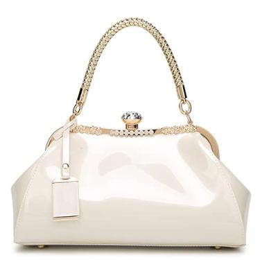 Imagem de ROUROU Bolsa feminina de couro envernizado brilhante com alça superior, bolsa de ombro noturna, bolsa de casamento, bolsa retrô, Branco, Large