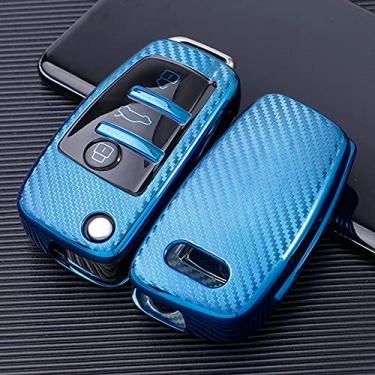 Imagem de CSHU Fibra de carbono TPU 3 botões chave masculino feminino capa chave do carro capa chaveiro anel chave bolsa, apto para Audi C6 A7 A8 R8 A1 A3 A4 A5 Q7 A6 C5, azul