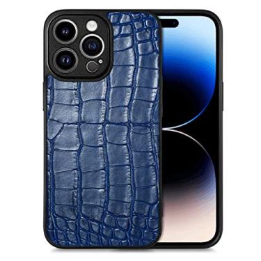 Imagem de YINGDAFENG Capa para iPhone 14/14 Pro/14 Plus/14 Pro Max, capa traseira de couro de crocodilo artificial retrô com proteção de câmera, suporte de carregamento sem fio de capa macia, ajuste fino, azul, 14 pro 6,1 polegadas
