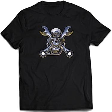 Imagem de Camiseta Mecanico Caveira Skull Camisa Motoqueiro carro Cor:Preto;Tamanho:M