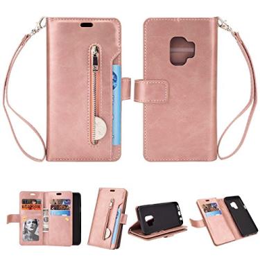 Imagem de Capa para Samsung Galaxy S9, carteira de couro PU fólio flip capa com zíper bolso slots para cartão fecho magnético capa protetora à prova de choque com alça de pulso para Samsung Galaxy S9 (rosa)