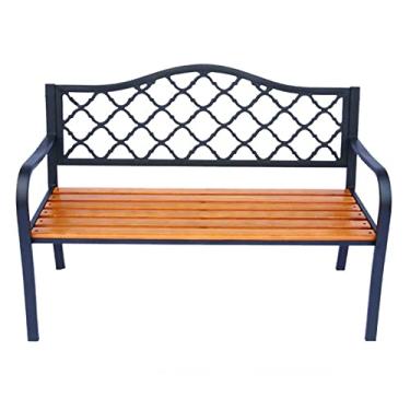 Imagem de KIZQYN Banco de jardim banco ao ar livre banco de pátio de ferro forjado com encosto de malha de diamante e assento de ripas móveis de lazer ao ar livre para varanda terraço frontal bancos externos (cor: latão)