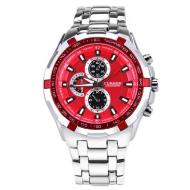Imagem de Curren Relógio de pulso de quartzo com mostrador vermelho, resistente à água, cronômetro, pulseira prateada, Vermelho, Relógio de quartzo