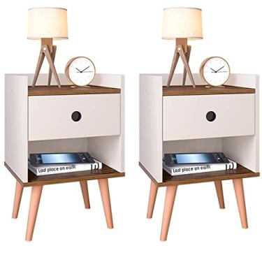 Imagem de Mesa de Cabeceira Retrô com 1 Gaveta Quarto Lateral de Cama Decore/Gaveteiro Escritório (Off White/Freijo)