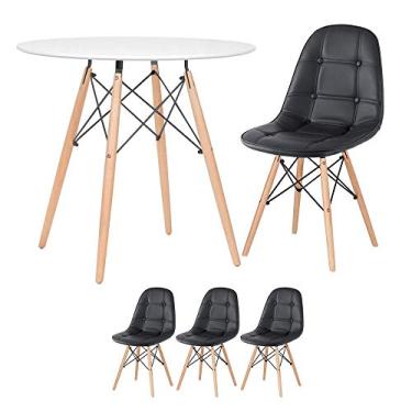 Imagem de Loft7, Kit Mesa Eames Eiffel 80 cm branco + 3 cadeiras estofadas Botonê preto
