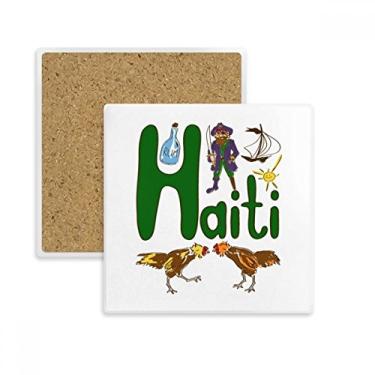 Imagem de Tapete de porta-copos quadrado com símbolo nacional do Haiti com padrão de marco de montanha para caneca e suporte de subplaca