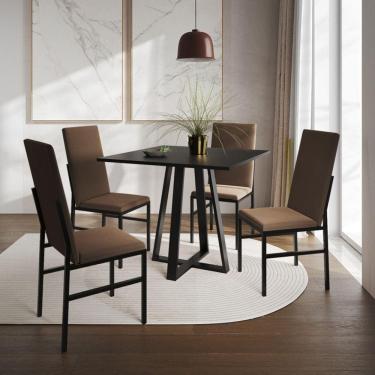 Imagem de Conjunto de Jantar Mesa Mônaco Premium 90cm Preta com 4 Cadeiras Estofadas Marrom  