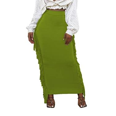 Imagem de Saia Feminina Lrady Lápis Longa de Cintura Elástica Justa com Borlas Laterais, Verde, P