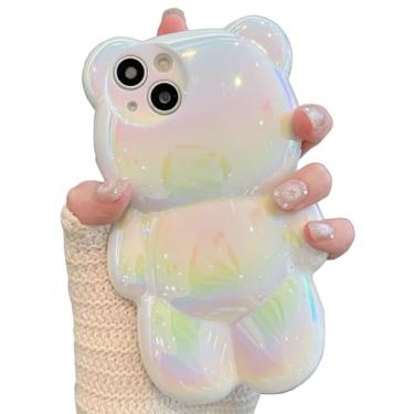 Imagem de KERZZIL Capa de telefone de urso 3D iridescência holográfica compatível com iPhone 13 Pro Max, capa de silicone macio de desenho animado fofo de animal à prova de choque para mulheres meninas (branco,