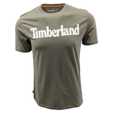 Imagem de Timberland Camiseta masculina de algodão orgânico com logotipo linear de manga curta, Verde sálvia/creme, GG