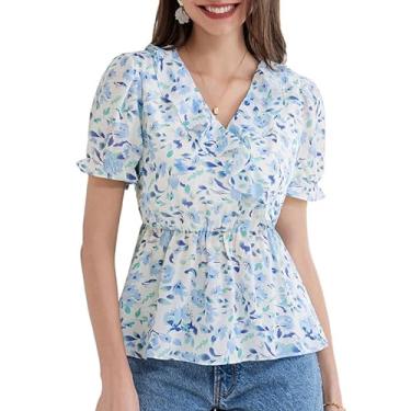 Imagem de GRACE KARIN Blusas femininas casuais elegantes de chiffon com babados manga curta peplum blusas de verão floral decote em V camisas rodadas, Azul, XXG