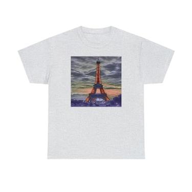 Imagem de Torre Eiffel ao pôr do sol - Camiseta unissex de algodão pesado, Cinza, P