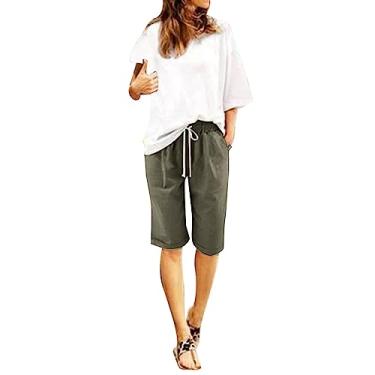 Imagem de Lainuyoah Calça capri feminina leve para o verão, cintura alta, elástica, estampada, calça cropped de perna reta, shorts bermudas modernos, A-Army Green, 4X-Large