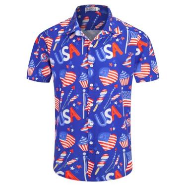 Imagem de Yoimira Camisas havaianas masculinas, estampadas, casuais, manga curta, abotoadas, floral, Aloha, camisa de praia, Bandeira azul-marinho, GG