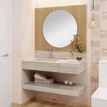 Imagem de Conjunto Para Banheiro Bancada Em Porcelanato Com Cuba Esculpida, Prateleira e Espelho Ripy 100cm Wood/Travertino
