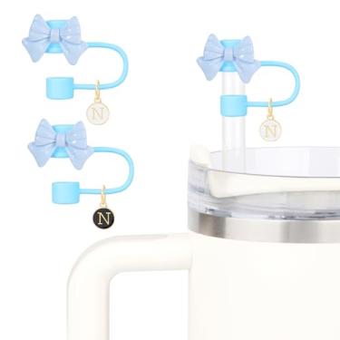 Imagem de Capa de canudo de laço bonito para copo Stanley com 2 pingentes de letras iniciais Nome ID acessórios compatíveis com Stanley 30 e 1,134 g 10 mm topo de palha, tampa de canudo para copos de queda