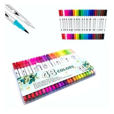 Imagem de Canetinha Brush Pen Kit 12/24/36/48/60 Cores 2 em 1, Pontas Pincel e Fina, Canetinha Dupla para Lettering, Escolar, Colorir, Desenho (48)