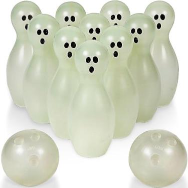 Imagem de Kit de boliche fantasma de plástico para Halloween que brilha no escuro – 20 cm e 10 cm (12 peças) – Melhor brinde de festa assustador e divertido
