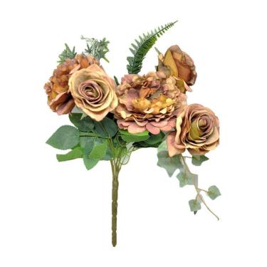 Imagem de Buquê Peônia e Rosas Pêssego Fosco 5 Flores Folhagens Realistas 40cm
