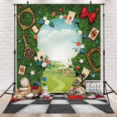 Imagem de Newsely Pano de fundo de chá de cerca verde do país das maravilhas 5 L x 7 A fotografia conto de fadas tabuleiro de xadrez chave de grama infantil fundo de planta floral para chá de bebê decorações de