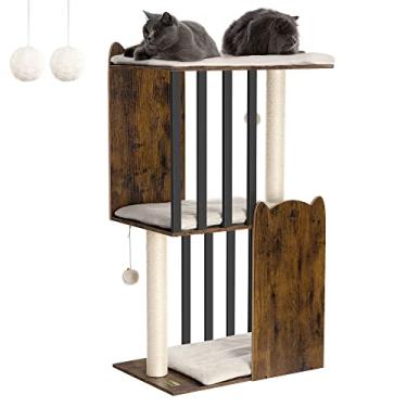 Imagem de FourFurPets Condomínio moderno de torre de árvore de gato de 111,3 cm, 3 camadas, arranhadores para gatos em ambientes internos, prato grande, dois postes de arranhar de sisal completo de 50 cm, marrom rústico